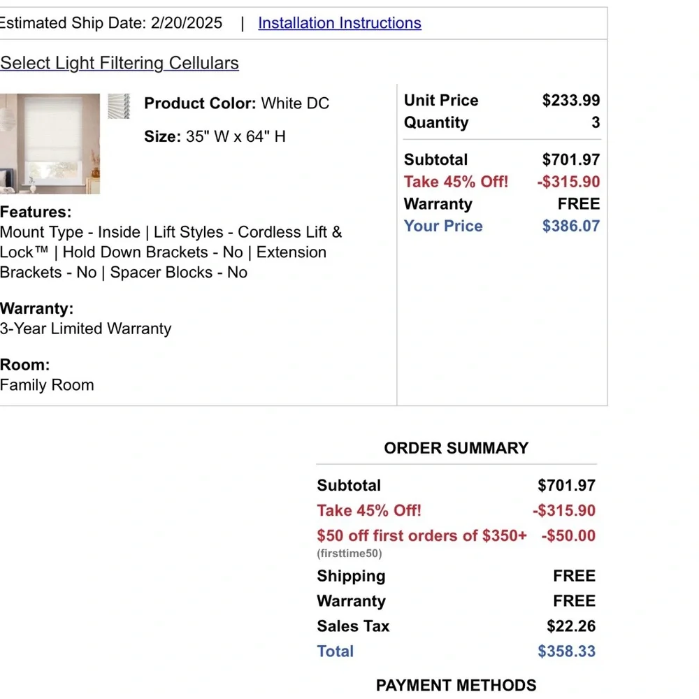 Qty 3 White Cellular Window Shade - Light Filtering Blind